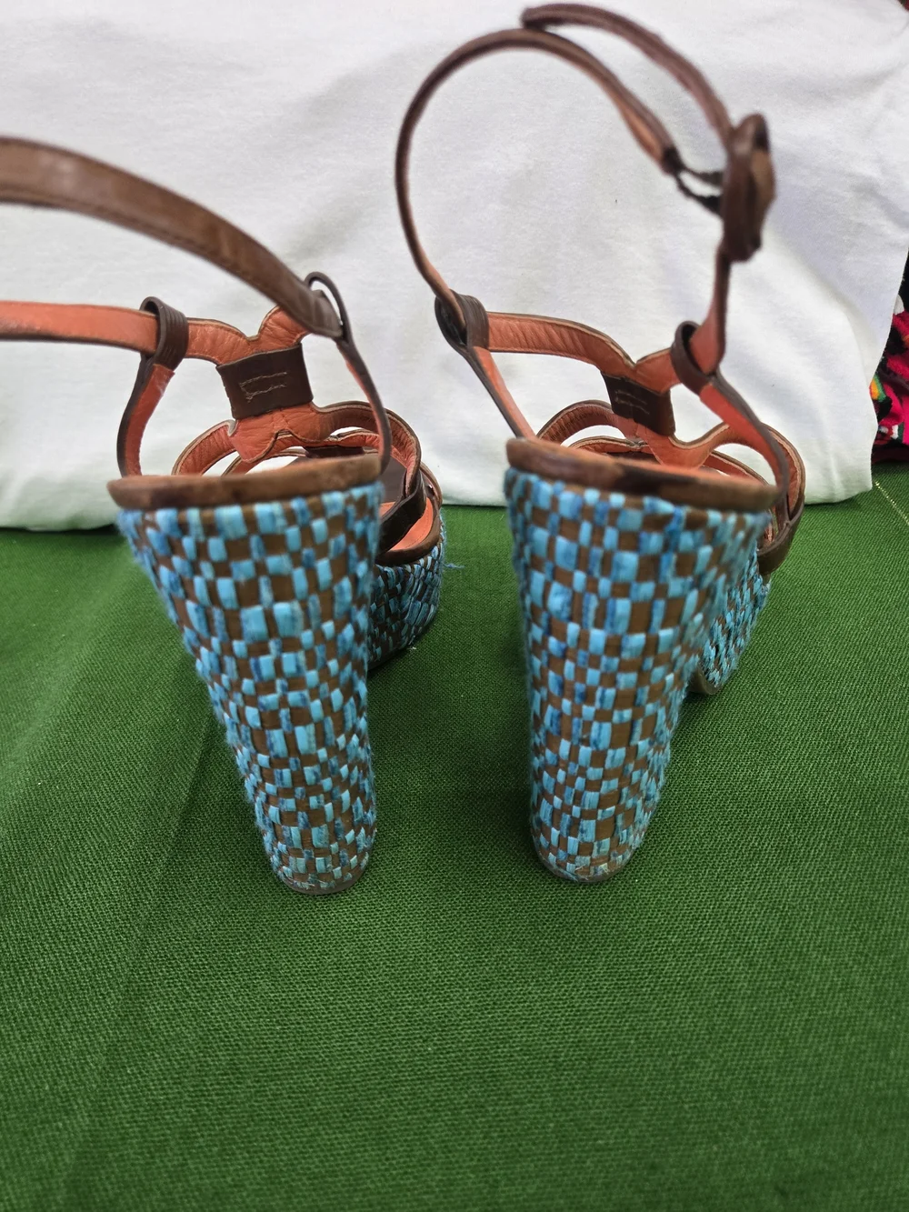 Via Spiga Brown Leather Strappy Platforms with Turquoise Woven Heel